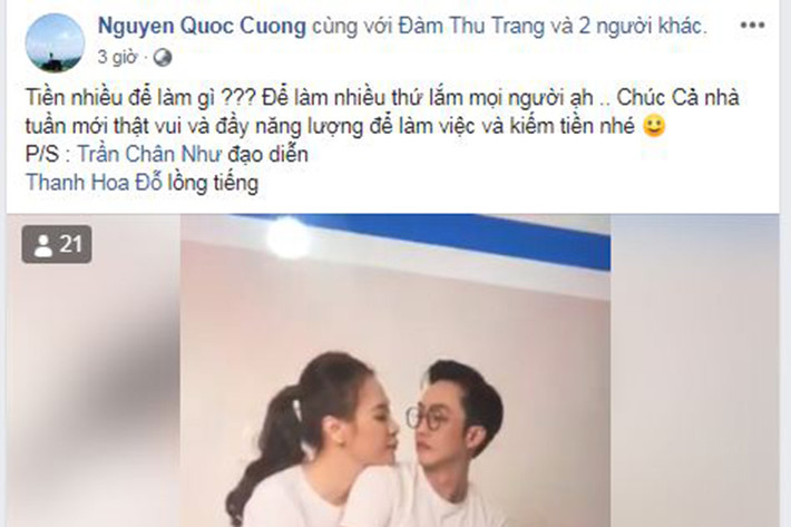 Mới đây, trên trang cá nhân, Cường Đô la trả lời câu hỏi ông vua cà phê Đặng Lê Nguyên Vũ "Tiền nhiều để làm gì" đồng thời khoe ảnh bên Đàm Thu Trang.