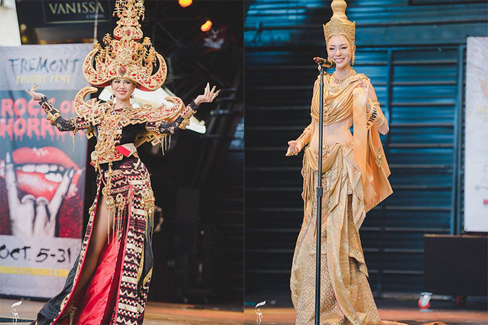 Trong top 10 trang phục dân tộc đẹp nhất cuộc thi Hoa hậu Hòa bình Quốc tế 2016, vị trí đầu tiên và thứ 2 lần lượt thuộc về đại diện của Indonesia (trái) và Thái Lan. (Ảnh: Miss Grand International)