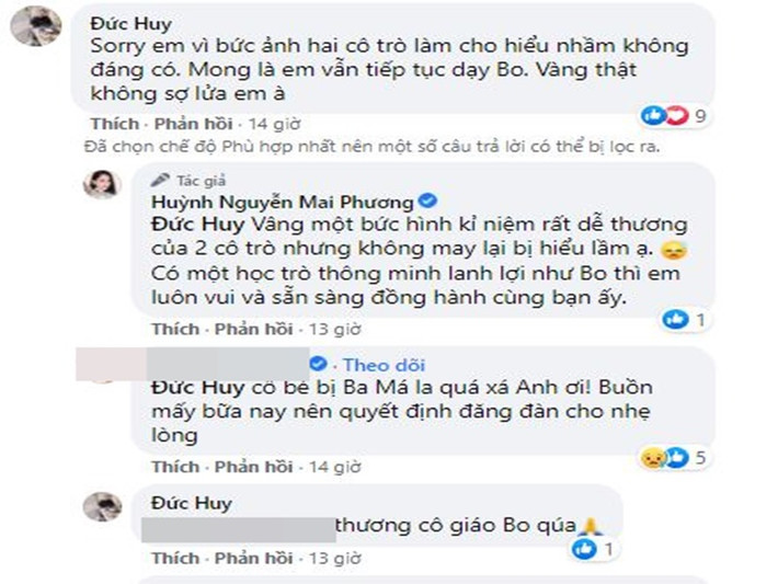 Dưới bài đăng của Mai Phương, chồng cũ Lệ Quyên để lại bình luận xin lỗi Mai Phương. Ngoài ra, Đức Huy gỡ bức ảnh gây hiểu lầm. Phía Mai Phương cho biết, cô có cơ hội làm việc cùng ông chủ phòng trà khi tham gia bếp ăn từ thiện mùa dịch. Tình cờ chồng cũ của Lệ Quyên đang tìm gia sư có kỹ năng tiếng Anh để dạy kèm cho con trai của anh. Mai Phương nhận lời vì dạy tiếng Anh là việc làm thêm từ lâu của cô. Mai Phương khẳng định, mối quan hệ giữa cô và Đức Huy chỉ đơn thuần là công việc, không phải chuyện yêu đương. Ảnh chụp màn hình.