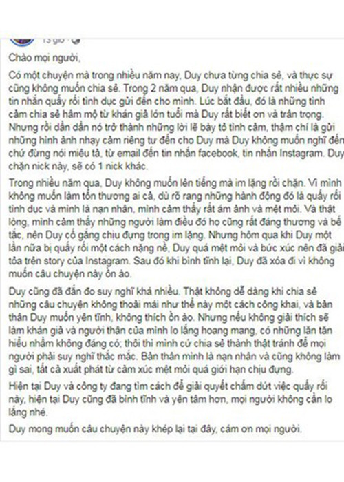 Hồi tháng 2/2020, Thanh Duy Idol bất ngờ thừa nhận trong nhiều năm qua, anh bị quấy rối tình dục. Nam ca sĩ đã cố chịu đựng trong im lặng nhưng fan quá khích vẫn gửi ảnh, ghi âm nhạy cảm.