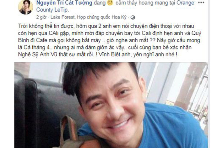 MC Cát Tường không khỏi bàng hoàng khi nghe tin diễn viên hài Anh Vũ qua đời vào tối ngày 1/4 khi đang lưu diễn ở Mỹ.
