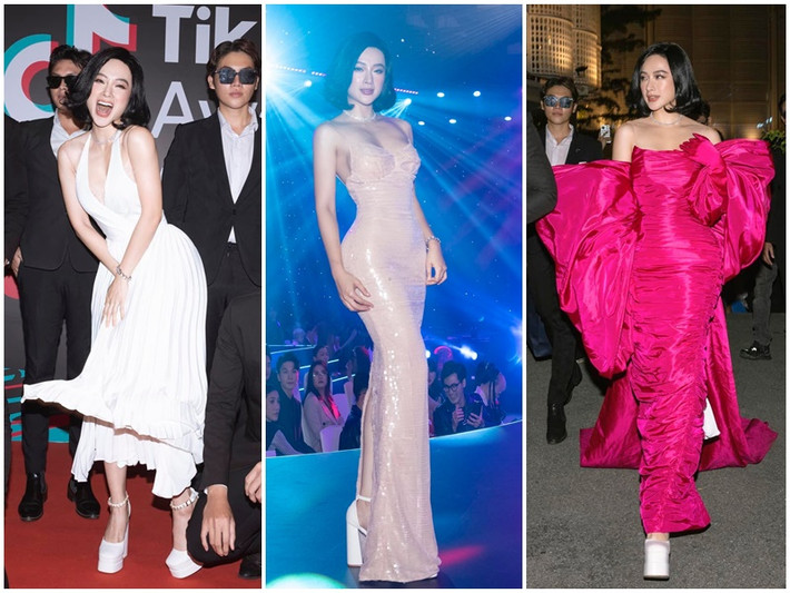 Tham dự một sự kiện mới đây, Angela Phương Trinh thay đến 3 bộ trang phục và luôn được dàn vệ sĩ vây quanh. Thực tế đây không phải lần đầu tiên “bà mẹ nhí” chơi trội trên thảm đỏ. Ảnh: FBNV