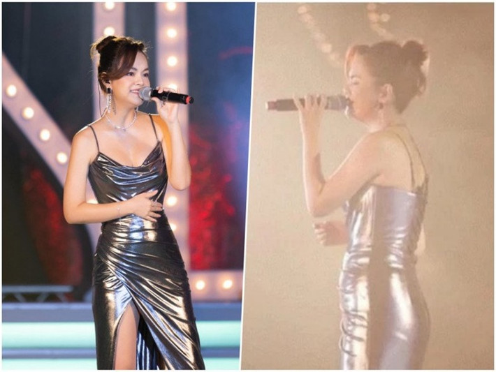 Gần đây, Phạm Quỳnh Anh bị soi vòng 2 to bất thường. Trong ảnh, nữ ca sĩ để lộ vòng 2 nhô cao khi diện váy bó sát. Ảnh: Sức khỏe và đời sống
