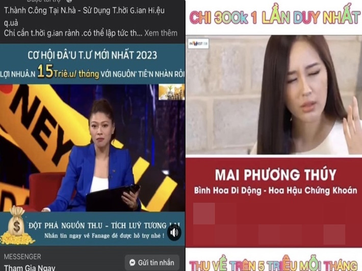 Không chỉ Lan Ngọc bị cắt ghép hình ảnh để trục lợi, nhiều sao Việt cũng rơi vào trường hợp tương tự. Ít ngày trước, BTV Ngọc Trinh cho biết, cô và Mai Phương Thúy bị lợi dụng hình ảnh để quảng cáo các sản phẩm tài chính. Ảnh: FBNV.