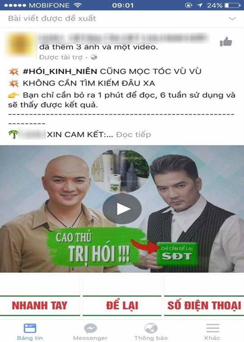 Bị chỉnh sửa hình ảnh cá nhân để quảng cáo thuốc trị hói đầu, Đàm Vĩnh Hưng yêu cầu nhãn hàng phải gỡ bỏ hình ảnh. Ngoài ra, nam ca sĩ kêu gọi tẩy chay nhãn hàng đồng thời báo cáo vi phạm để "đánh sập" trang Facebook của thương hiệu. Ảnh: Đời Sống Việt Nam.