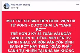 Trẻ chết sau 10 tiếng 'đẻ rơi' ở nhà: Do sinh 'thuận theo tự nhiên'?