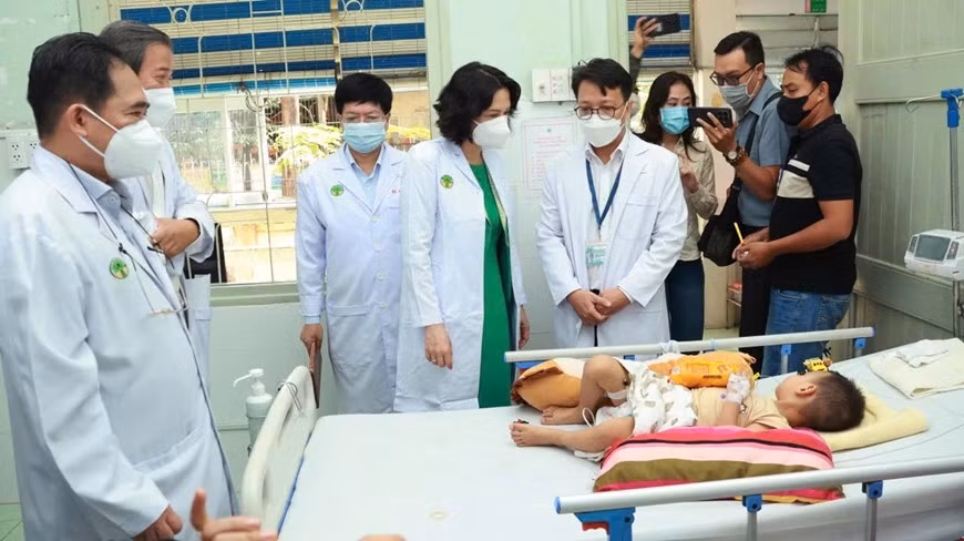 Đoàn công tác Bộ Y tế kiểm tra tình hình điều trị, thăm hỏi thăm bệnh nhi bị tay chân miệng tại Bệnh viện Nhi đồng 2. Ảnh báo QĐND