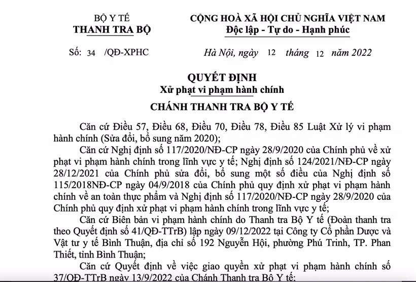Quyết định xử phạt vi phạm hành chính của Thanh tra Bộ Y tế. Nguồn baovephapluat.vn