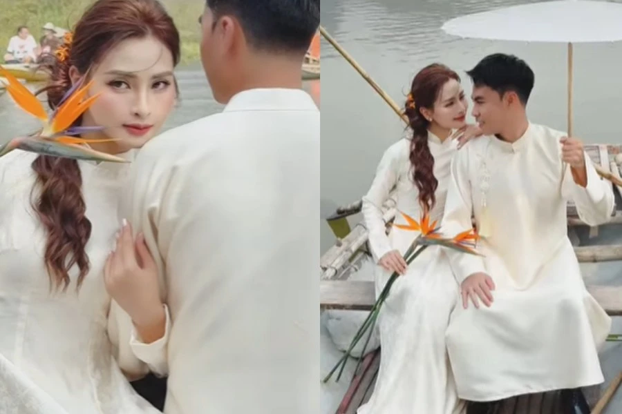 MC Mù Tạt và cầu thủ Đức Huy khoe ảnh diện áo dài đôi tình tứ, ngọt ngào