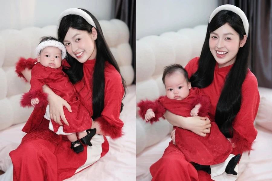 'Hot girl trứng rán' chào Tết sớm với bộ ảnh áo dài bên thiên thần nhỏ