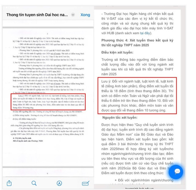 Tiêu chí phụ của Đại học Ngân hàng TP.HCM trong đề án cũ (trái) và đề án mới sau sửa đổi (phải). thisinh-2.png