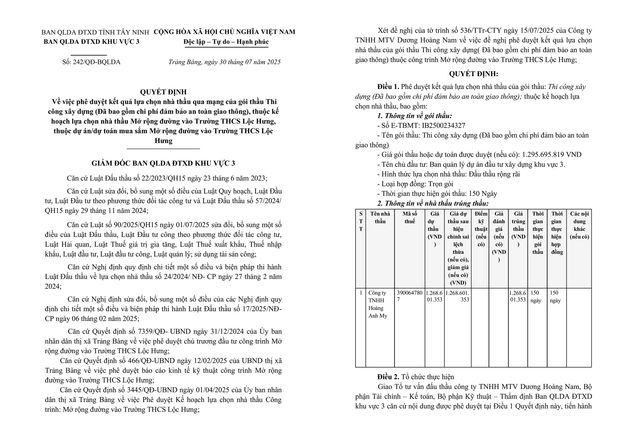Trích một phần Quyết định số 242/QĐ-BQLDA. Nguồn MSC. qdinh-242.png