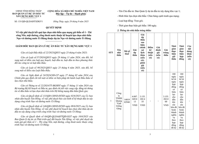 Trích một phần Quyết định số 131/QĐ-QLDAĐTXDKV1. Nguồn MSC. qdinh-131-1.png