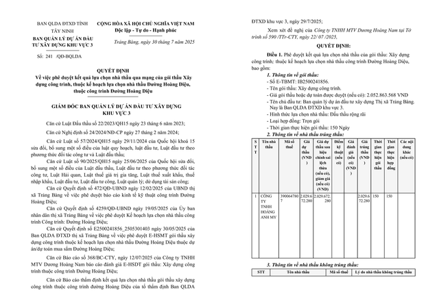 Trích một phần Quyết định số 241/QĐ-BQLDA. Nguồn MSC. qdinh-241.png