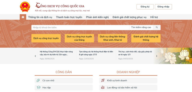 Cổng Dịch vụ công Quốc gia. Ảnh: Chụp màn hình screenshot-1751019950.jpg