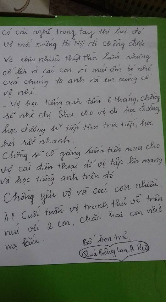 Đầu thư, Quả Bông Lan xin lỗi vợ vì không thể gửi về quê những chiếc áo ấm mới mua khi mùa đông đã đến. Cảm thấy có lỗi khi chỉ có thể gửi về những tấm áo đi xin được, anh chồng người dân tộc, đang học tập ở Hà Nội hứa khi có tiền sẽ gửi về những chiếc áo mới ấm nhất, đẹp nhất để bù đắp. Với những câu chữ ẩn chứa sự động viên, khích lệ vợ đi học chữ, học tiếng Anh, chàng trai người dân tộc còn khiến các bạn trẻ, dân mạng Việt cảm kích khi thể hiện được khát khao vươn lên, cải thiện cuộc sống nơi bản làng người dân tộc còn nhiều hủ tục, lạc hậu.