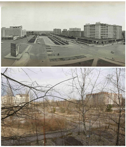 Thảm họa hạt nhân Chernobyl xảy ra vào năm 1986 đến nay vẫn là nỗi kinh hoàng với nhân loại và gây ra hậu quả nặng nề cho thành phố Pripyat của Ukraine cũng như các khu vực xung quanh. Trong ảnh là cảnh tượng đối lập của một con đường lớn tại Pripyat trước và sau khi thảm họa diễn ra.
