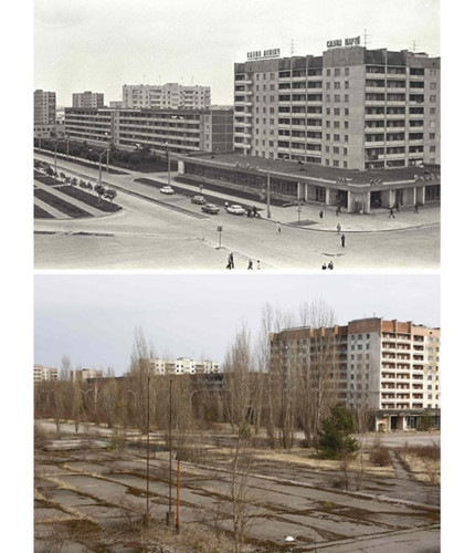 Trung tâm thành phố Pripyat trước thảm họa hạt nhân và cảnh tượng đối lập ở đó sau khi vụ nổ diễn ra.