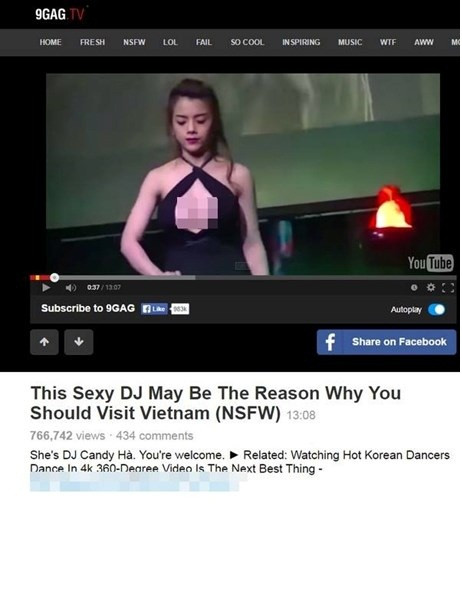 Hôm qua, nhiều dân mạng Việt bất ngờ khi thấy một cô gái Việt Nam xinh đẹp, xuất hiện trong một bài giới thiệu kèm video trên mạng xã hội 9GAG rất nổi tiếng. Người xuất hiện trong bài đăng kèm clip 3 phút là một nữ DJ Việt gợi cảm đang đứng bên bàn mix, vừa biểu diễn vừa khoe được thân hình gợi cảm.