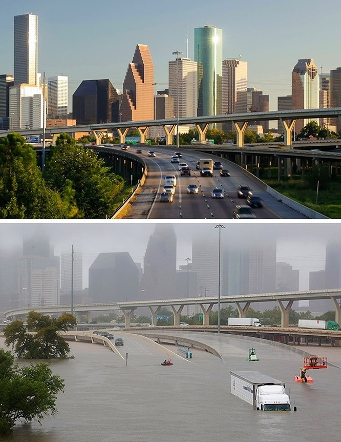 5. Bão Harvey: Năm 2017, cơn bão nhiệt đới Harvey đã tấn công Texas gây ra mưa lớn kéo dài khiến cả thành phố chìm trong nước. Đây được xem là "thảm họa tồi tệ nhất" trong lịch sử tiểu bang Texas, và dự kiến sự hồi phục phải mất "nhiều năm". Thật khó để tin rằng chúng tôi đang xem những bức ảnh chân thực chứ không phải là cảnh từ một bộ phim thảm họa. :