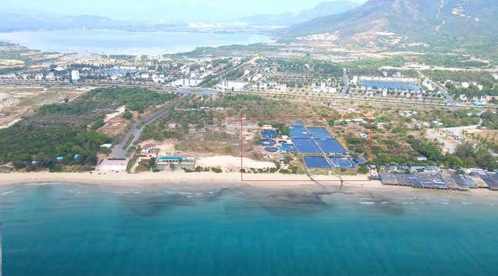 Theo phản ánh của người dân, gần đây, tình trạng nước thải từ hồ nuôi tôm bên trong dự án Khu nghỉ mát Hoàng Gia, do Công ty TNHH khu nghỉ dưỡng Vịnh Cam Ranh làm chủ đầu, đã chảy thẳng ra biển Bãi Dài (khu du lịch Bãi Dài, xã Cam Hải Đông, huyện Cam Lâm, tỉnh Khánh Hòa), khiến cả vùng biển nhuốm một màu đen ngòm. (Ảnh: Juno Tran).