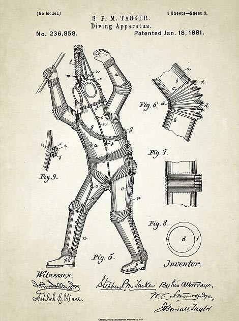 Bằng sáng chế cấp năm 1880 cho thiết kế bộ đồ lặn bằng kim loại của Stephen M Tasker.