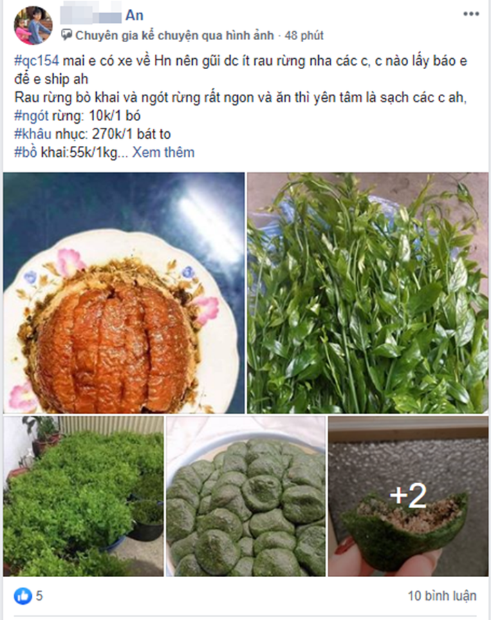 1: Bán hàng thực phẩm online: Tại Hà Nội, các cơ sở kinh doanh, dịch vụ không thuộc mặt hàng, nhu cầu thiết yếu hầu hết đều đã đóng cửa để phòng chống dịch bệnh COVID-19. Nắm bắt nhu cầu thực phẩm của mọi người và việc hạn chế đến nơi đông người, nên một số người đã nghĩ ra cách bán các mặt hàng thực phẩm online như: Rau sạch, cà chua, trứng gà, trứng vịt, hoặc rán nem,…