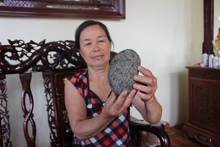 Tiếp đó, ngày 20/4/2016, gia đình bà Trần Thị Mai (SN 1958, ở thôn 7, xã Trung Châu B, huyện Đan Phượng, Hà Nội) khi thịt con lợn nái vừa sinh do kiệt sức chết cũng phát hiện một vật cứng bên trong bụng con lợn.