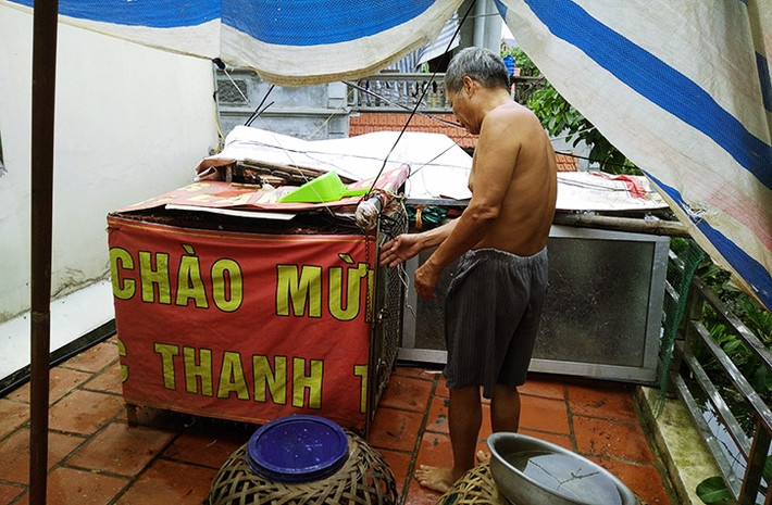Do toàn bộ tầng 1 của ngôi nhà vẫn ngập sâu trong nước lũ nên gia đình ông Trần Như Chân (69 tuổi, ở thôn Hạnh Bồ, xã Nam Phương Tiến) phải cho chó, gà lên tầng hai sống chung với mình.