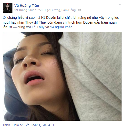 Vài ngày gần đây, fanpage của nhiều hot girl Việt, các trai xinh gái đẹp nổi tiếng rất thường xuất hiện những bức ảnh chụp lúc đang ngủ. Đây được xem là một cách để bênh vực Hoa hậu Kỳ Duyên, làm giảm mức độ nghiêm trọng của những hình ảnh vốn bị nhiều người cho là "vô duyên", "hớ hênh". Hot girl Thuỷ Top bị bạn bè tung ảnh chụp lén lúc ngủ gật với vẻ mặt rất hài hước thu hút hơn 1500 lượt like.
