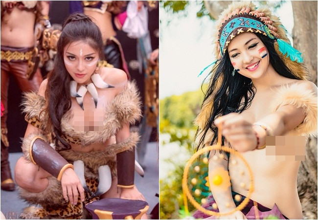 Tạo hình hot girl thổ dân của Lý Nhược Na (ảnh trái) khiến nhiều người nghĩ tới bộ ảnh của thiếu nữ người Việt hồi năm 2015 (ảnh phải).