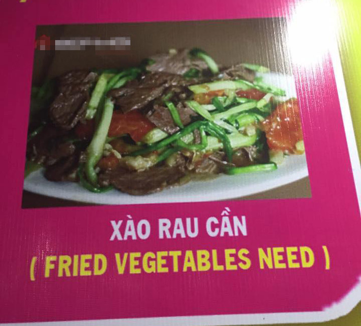 Thực đơn vui tính dịch "rau cần” sang tiếng Anh là từ ghép của “vegetables” (rau) và “need” (cần, nhu cầu).