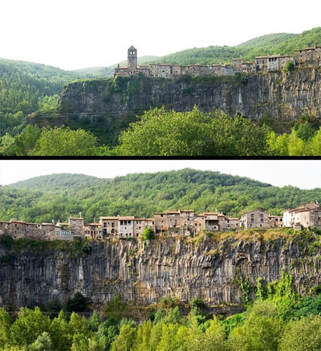 Castellfollit de la Roca, Tây Ban Nha. Đây là một ngôi làng thuộc tỉnh Girona. Nơi ở này nằm trên một khối đá được hình thành từ hàng ngàn năm trước bởi dung nham đã đông cứng. Ngôi làng nằm ở độ cao 50 mét và kéo dài 1 km. Dân số của làng khoảng 1.000 người.