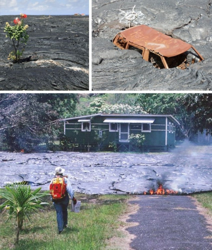 Kalapana, Hawaii. Năm 1986, dòng dung nham từ núi lửa đã biến nơi này thành một thị trấn ma quái. Tuy nhiên, mặc dù việc tiếp cận thị trấn đã bị cấm, một vài người vẫn còn sống ở đó. Đến năm 2010, có 35 ngôi nhà còn lại ở Kalapana.