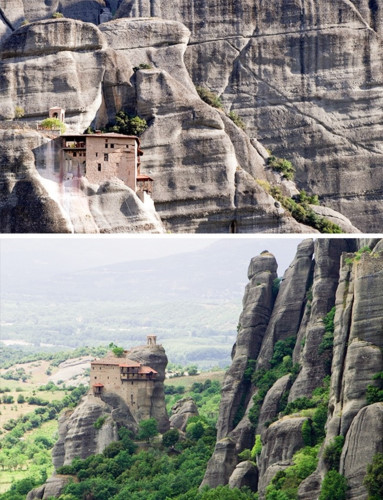 Chuỗi tu viện Meteora, Hy Lạp. Các tu viện nằm trên những vách đá dốc để đảm bảo an ninh, chống lại sự xâm nhập. Trong lịch sử, có khoảng 24 tu viện, nhiều trong số đó đã trở thành đống đổ nát và ngày nay chỉ có 6 tu viện tồn tại gồm 4 tu viện nam và 2 tu viện nữ.