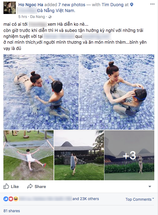 Ngay sau đó, Hồ Ngọc Hà cũng đăng tải hình ảnh được chụp tại địa điểm này với con trai Subeo cùng dòng chia sẻ: "Trước khi diễn thì Hà và Subeo tận hưởng kỳ nghỉ với những trải nghiệm tuyệt vời ở nơi mình thích, với người mình thương và ăn món mình thèm... Bình yên vậy là đủ".