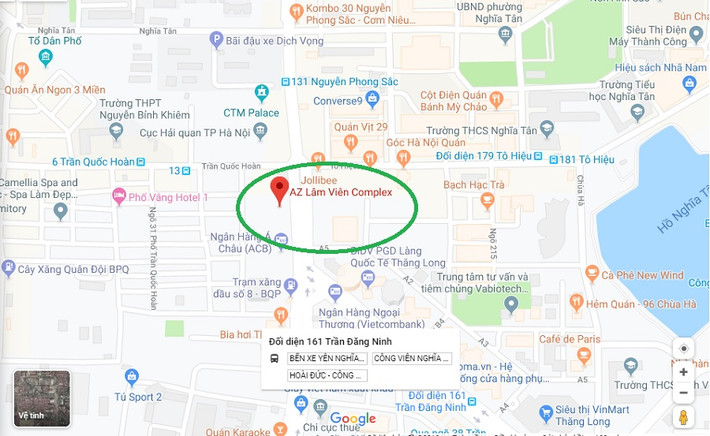 Vị trí tòa nhà AZ Lâm Viên Complex khá thuận lợi về mặt giao thông do phía Đông giáp đường Nguyễn Phong Sắc, phía Bắc giáp đường Trần Quốc Hoàn (quận Cầu Giấy, TP Hà Nội), và chỉ mất khoảng 30 phút để đến sân bay Quốc tế Nội Bài, 15 phút vào trung tâm thành phố Hà Nội. (Ảnh: Google Maps).