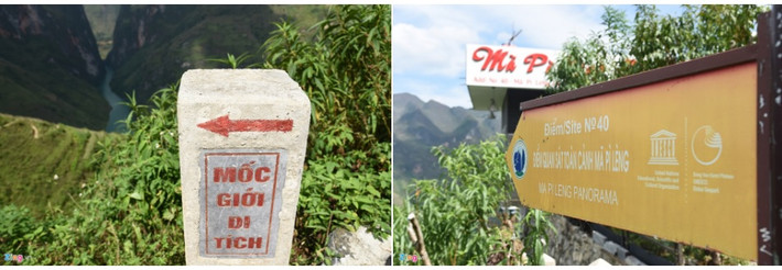 Ngay sát chân ngôi nhà có mốc giới di tích số 1 và tấm biển ghi "Điểm quan sát toàn cảnh Mã Pì Lèng" với logo của UNESCO và Công viên địa chất Cao nguyên đá Đồng Văn.