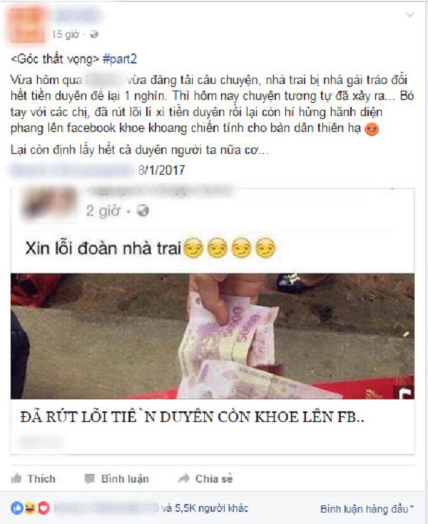 Như câu chuyện xảy ra đầu tháng 1 vừa qua. Nhiều cư dân mạng được một phen xôn xao trước sự việc không ai nghĩ có thể xảy ra đó là đội bê tráp nữ trong một đám hỏi ở Yên Bái đã "rút lõi" phong bao lì xì đi một nửa, từ 100.000 đồng ban đầu xuống còn 50.000 đồng. Tuy nhiên, không những không xấu hổ về hành động này mà một cô gái trong số đội tráp nữ sau đó còn đăng lên Facebook khoe "chiến tích" của mình.