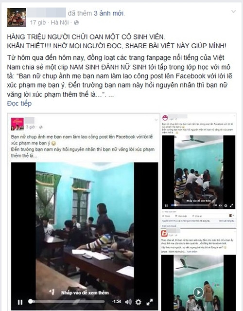 Cách đây vài ngày, sự việc nữ sinh bị bạn trai đánh trong lớp từ 2 năm trước do mâu thuẫn tình cảm đã bất ngờ bị một số fanpage "bốc mả" clip cũ và lan truyền với nội dung hoàn toàn khác. Với sự xuyên tạc này, nữ sinh vô tội bỗng chốc trở thành kể "mất dạy" và bị hàng triệu người chửi rủa, lên án. Sự việc đi quá xa khiến người thân của nữ sinh phải lên tiếng, yêu cầu tất cả các fanpage đã chia sẻ bài xuyên tạc phải gở bài đăng.