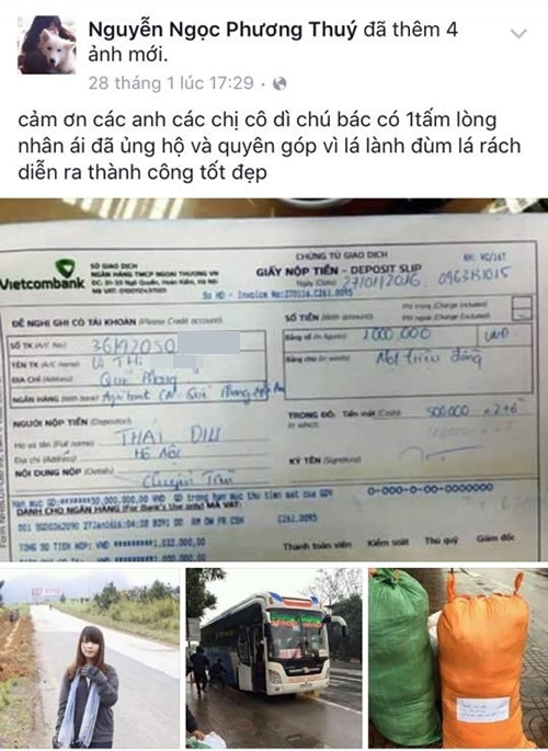 Phương Thúy cho biết, kẻ giả mạo cô thậm chí còn lấy cả một số bức ảnh chụp trong các chuyến đi từ thiện, ảnh chụp các tờ đơn thanh toán tại các ngân hàng để đăng lại, kêu gọi mọi người chuyển tiền cho mình để quyên góp cho người nghèo.