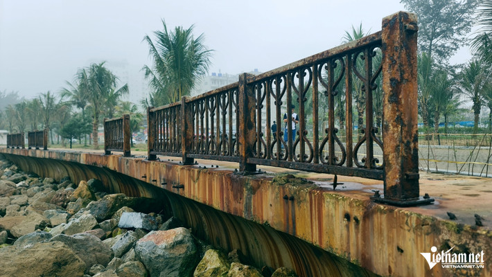Theo ghi nhận của PV VietNamNet, trên tuyến đường đi bộ dọc bờ biển thuộc khu vực làng Chài, phường Quảng Cư, TP Sầm Sơn, hệ thống lan can bằng sắt (dài khoảng 1km) đang bị gỉ sét, xuống cấp nghiêm trọng.
