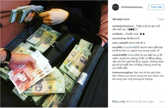 Dân mạng đã quen với những hội con nhà giàu nức tiếng ở London, Dubai hay Mỹ... và như để hòa mình vào phong trào chung, Hội con nhà giàu Việt Nam được thành lập và hoạt động chính trên mạng xã hội Instagram. Khá nhiều cậu ấm, cô chiêu hay những bạn trẻ Việt Nam giàu có đã tham gia hội nhóm này để cùng nhau chia sẻ hoặc "khoe khoang" về cuộc sống luôn ngập trong tiền bạc, đồ hiệu và những thứ vật chất đắt đỏ.