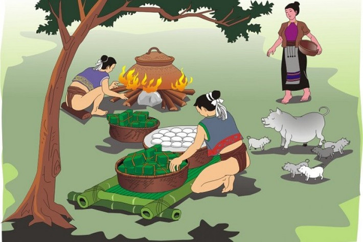 Truyền thuyết bánh Chưng, bánh Dày: Vua Hùng thứ 6 muốn chọn con hiền nối ngôi nên ban lệnh thi cỗ. Lang Liêu dùng cơm nếp chế ra bánh chưng – bánh giầy. Vua thấy Lang Liêu hiếu thảo, chế ra 2 loại bánh quý nên truyền ngôi.