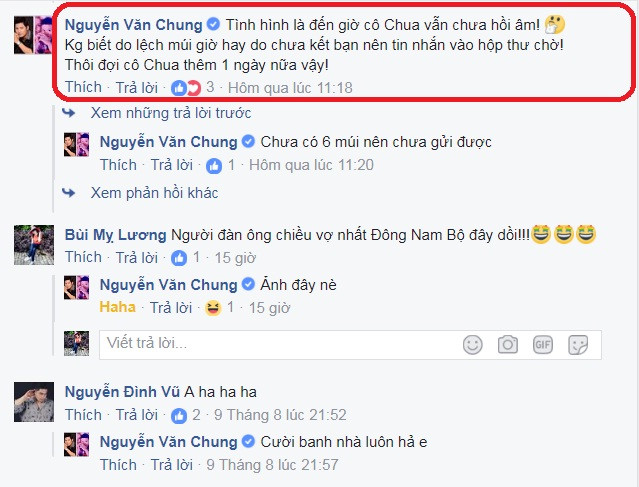 Trước đó, tác giả của "Vầng trăng khóc" không ít lần thể hiện tình cảm với bà xã Kim Thanh gây sự chú ý của cộng đồng. "...sau 5 năm thử thách tình yêu của bả, sự yêu thương, tận tuỵ, quan tâm hy sinh cho gia đình và chồng con của bả đã làm tớ cảm động! Và tớ đã quyết định rằng: từ nay, tớ sẽ chia cho bả 50% với mỗi job, mỗi show tớ nhận được (thay vì 30% như trước)! Quyết định này có hiệu lực ngay lập tức, với sự chứng kiến của cộng đồng cư dân mạng" - Nhạc sĩ Nguyễn Văn Chung hài hước viết kèm hình ảnh tình tứ bên bà xã.