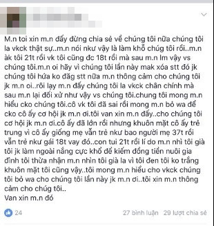 Do sức ép quá lớn từ phía dư luận, anh chồng trong câu chuyện đã lên trang cá nhân trần tình về sự việc. Anh chồng cho biết, vợ của anh đã được 18 tuổi, họ hoàn toàn được gia đình và pháp luật công nhận hôn nhân hợp pháp. Toàn bộ những lời lẽ mà nhiều người chia sẻ trên mạng đều là bịa đặt, câu view. Những lời phỉ báng từ phía dư luận do nguồn tin sai sự thật làm tổn thương vợ của anh nên người chồng phải đòi lại công bằng cho vợ.