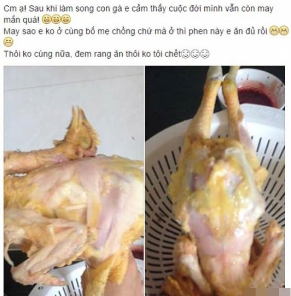 Chú gà đáng thương bị lột sạch da và lộ hết cả gân thịt ra ngoài do con dâu tương lai thể hiện.