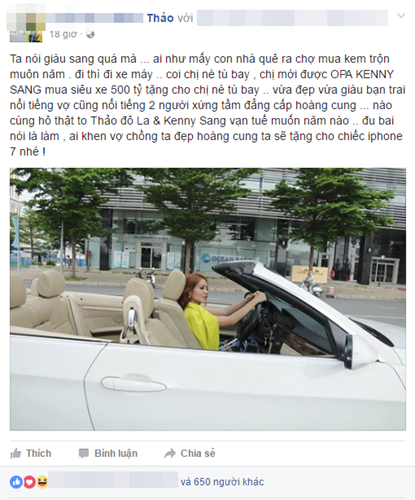 Theo dõi những dòng status, hình ảnh mà Thảo Đô-la thường chia sẻ gần đây, thay bằng cảm giác khó chịu trong thời gian đầu thì bây giờ nhiều dân mạng lại chỉ thấy nực cười và coi đó chẳng khác nào "trò trẻ con". Tất cả những: mắt kính 700 tỷ, siêu xe 500 tỷ, váy 50 tỷ... do Thảo Đô-la khoe ra đều chỉ là lời nói bằng miệng và thông qua những bức ảnh tầm thường mà không hề có một bằng chứng nào khác để chứng minh những gì cô nói là sự thật.