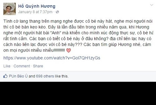 Cũng trong tuần qua, cư dân mạng Việt đang rất thích thú với clip cô bé bán kẹo hát "Anh" tại TP HCM. Nhân vật chính trong đoạn clip có giọng hát hay chẳng kém gì các ca sĩ và đã được ca sĩ Hồ Quỳnh Hương lên mạng đăng tin tìm kiếm.