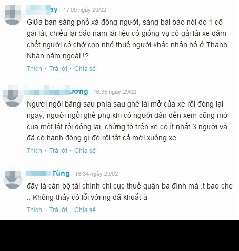Độc giả Trần Ngọc Thương ở Hà Nội gửi bình luận dựa trên những phân tích cá nhân như sau: "Người ngồi băng sau phía ghế lái mở cửa xe rồi đóng lại ngay, người ngồi ghế phụ khi có người dân đến xem cũng mở cửa một lát rồi lại đóng. Theo tôi trong xe camry gây tai nạn có ít nhất 3 người và đã có hành động gì đó, như đổi chỗ, bàn tính rồi tất cả mới xuống xe".